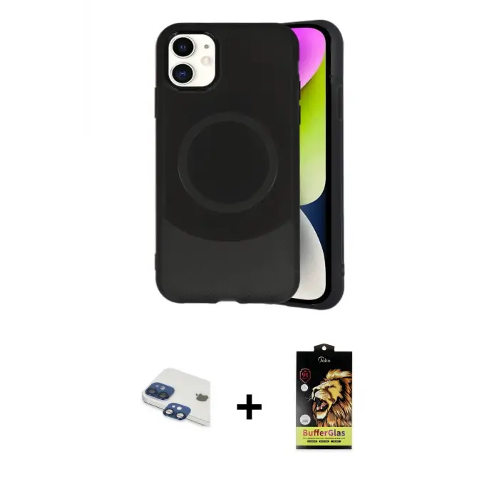 ieg™ iPhone 11 Kılıf Ufuk Serisi - Siyah Buffer Cam Ekran Koruyucu + Pers Alüminyum Kamera Lens - LT