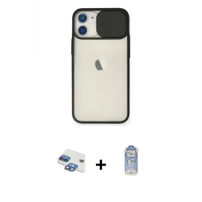 ieg™ iPhone 11 Kılıf Vadi Çizgi - Siyah Joko Magic 5D Cam + Pers Alüminyum Kamera Lens - GI