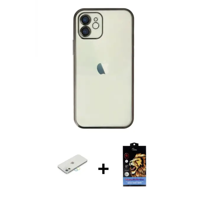 ieg™ iPhone 11 Kılıf Vadi Minimal - Siyah Buffer Hayalet Cam Ekran Koruyucu + Renkli Kamera Lens Koruma Cam - SI