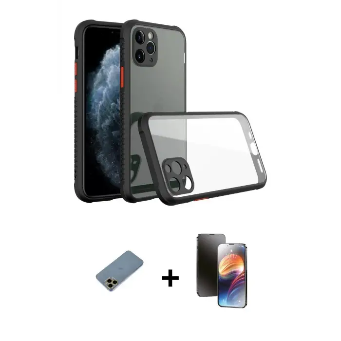 ieg™ iPhone 11 Pro Kılıf Nova Asil Özel Seri - Siyah 3D Antistatik Mat Seramik Nano Ekran Koruyucu + Shine Kamera Lens Koruma Cam - GD