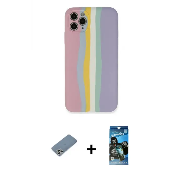 ieg™ iPhone 11 Pro Kılıf Yadigar Çizgi - Siyah 34D Izgaralı Cam + Shine Kamera Lens Koruma Cam - GS
