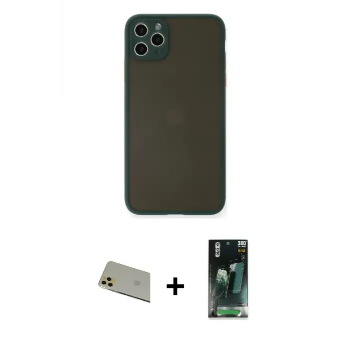 ieg™ iPhone 11 Pro Max Kılıf Ahenk Çizgi Serisi - Şeffaf 360 Full Body Arka Koruyucu + Rainbow Kamera Lens Koruma Cam - GD