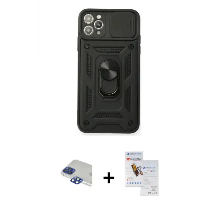 ieg™ iPhone 11 Pro Max Kılıf Ahenk Klasik - Siyah Seramik Nano Ekran Koruyucu + Pers Alüminyum Kamera Lens - LT