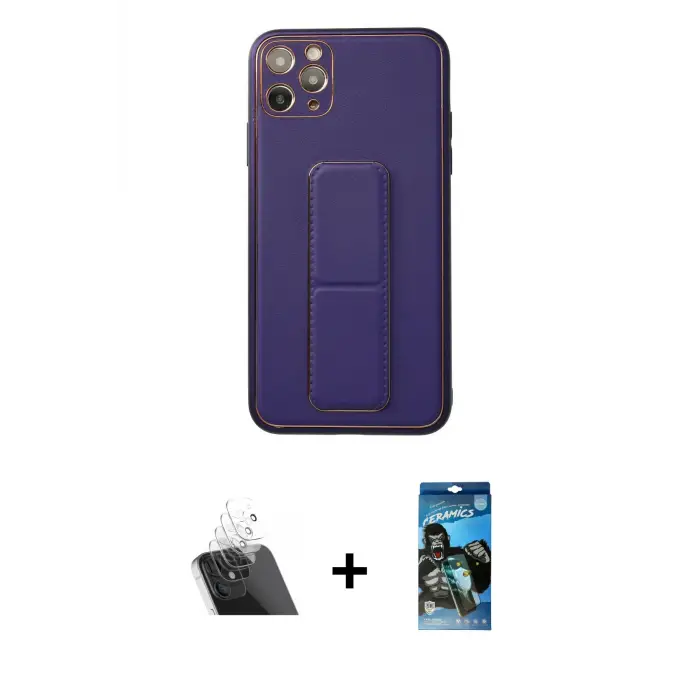 ieg™ iPhone 11 Pro Max Kılıf Akış Doku - Siyah 34D Izgaralı Cam + Kamera Lens Koruma Cam - SF