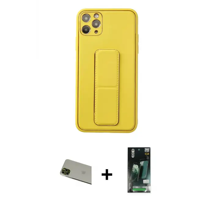 ieg™ iPhone 11 Pro Max Kılıf Akış Doku - Siyah 360 Mat Full Body Arka Koruyucu + Rainbow Kamera Lens Koruma Cam - YL
