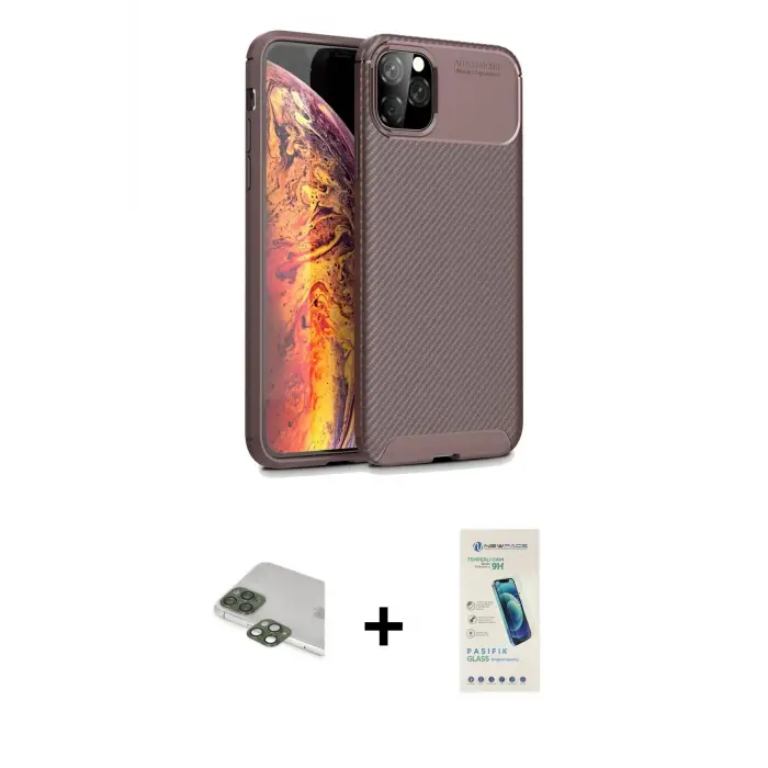 ieg™ iPhone 11 Pro Max Kılıf Eksen Form Prime - Şeffaf Pasifik Cam Ekran Koruyucu + Pers Alüminyum Kamera Lens - YL