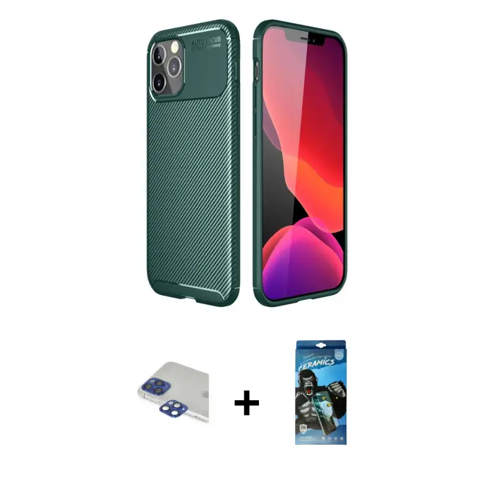 ieg™ iPhone 11 Pro Max Kılıf Eksen Form Prime - Siyah 34D Izgaralı Cam + Pers Alüminyum Kamera Lens - LT