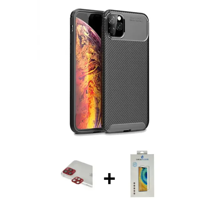 ieg™ iPhone 11 Pro Max Kılıf Eksen Form Prime - Siyah Polymer Nano Ekran Koruyucu + Pers Alüminyum Kamera Lens - KI