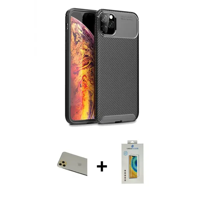 ieg™ iPhone 11 Pro Max Kılıf Eksen Form Prime - Siyah Polymer Nano Ekran Koruyucu + Rainbow Kamera Lens Koruma Cam - GD
