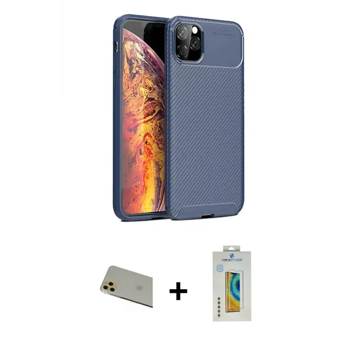 ieg™ iPhone 11 Pro Max Kılıf Eksen Form Prime - Siyah Polymer Nano Ekran Koruyucu + Rainbow Kamera Lens Koruma Cam - GD