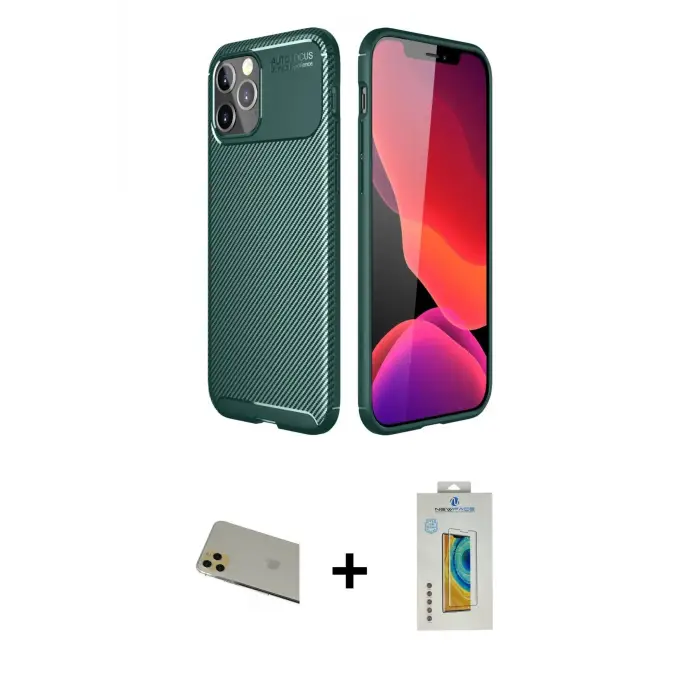 ieg™ iPhone 11 Pro Max Kılıf Eksen Form Prime - Siyah Polymer Nano Ekran Koruyucu + Rainbow Kamera Lens Koruma Cam - GD