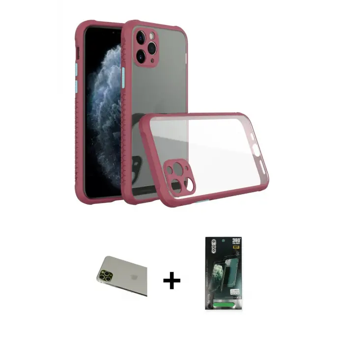 ieg™ iPhone 11 Pro Max Kılıf Nova Asil Özel Seri - Siyah 360 Mat Full Body Arka Koruyucu + Rainbow Kamera Lens Koruma Cam - YL