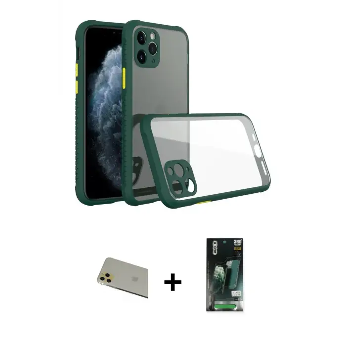 ieg™ iPhone 11 Pro Max Kılıf Nova Asil Özel Seri - Siyah 360 Mat Full Body Arka Koruyucu + Rainbow Kamera Lens Koruma Cam - GD