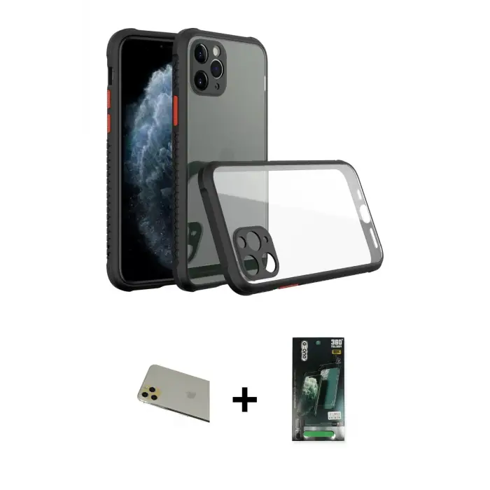 ieg™ iPhone 11 Pro Max Kılıf Nova Asil Özel Seri - Siyah 360 Mat Full Body Arka Koruyucu + Rainbow Kamera Lens Koruma Cam - GD
