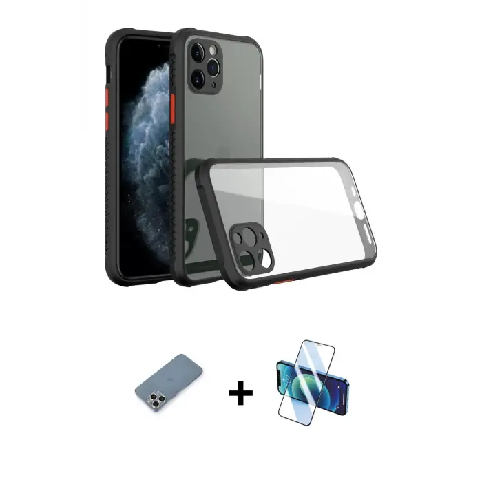 ieg™ iPhone 11 Pro Max Kılıf Nova Asil Özel Seri - Siyah 3D Antistatik Seramik Nano Ekran Koruyucu + Metal Kamera Lens Koruma Cam - GS