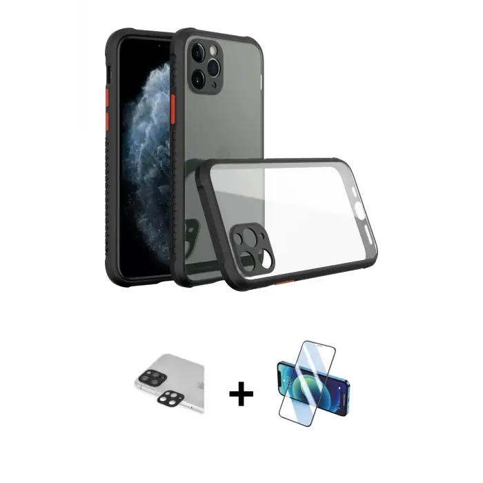 ieg™ iPhone 11 Pro Max Kılıf Nova Asil Özel Seri - Siyah 3D Antistatik Seramik Nano Ekran Koruyucu + Pers Alüminyum Kamera Lens - SH