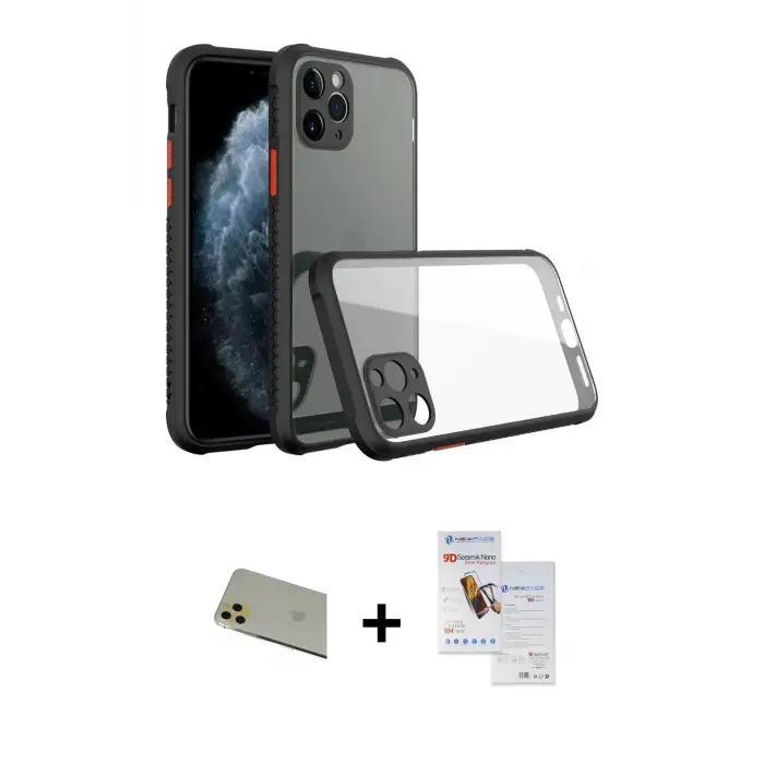 ieg™ iPhone 11 Pro Max Kılıf Nova Asil Özel Seri - Siyah Seramik Nano Ekran Koruyucu + Rainbow Kamera Lens Koruma Cam - GD