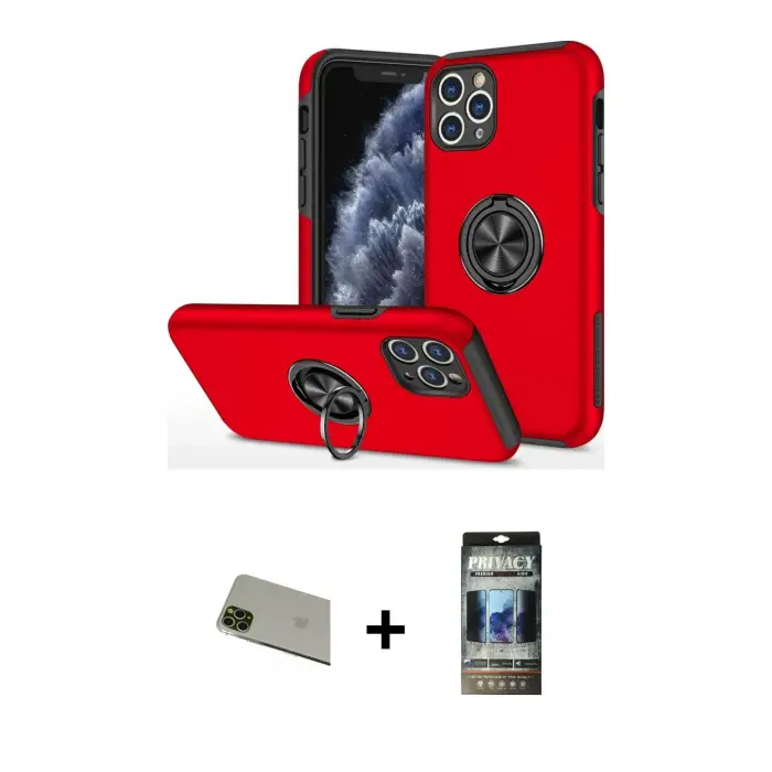 ieg™ iPhone 11 Pro Max Kılıf Odak Form Prime - Siyah 34D Hayalet Izgaralı Cam + Rainbow Kamera Lens Koruma Cam - YL