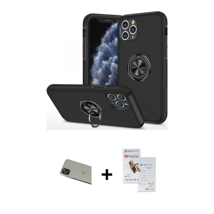 ieg™ iPhone 11 Pro Max Kılıf Odak Form Prime - Siyah Seramik Nano Ekran Koruyucu + Rainbow Kamera Lens Koruma Cam - YL