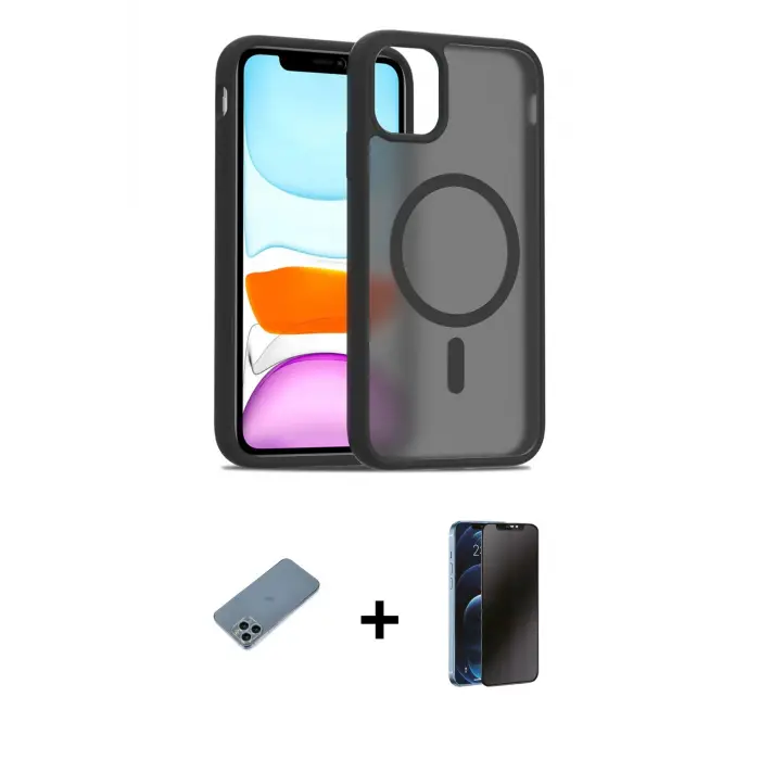 ieg™ iPhone 11 Pro Max Kılıf Siluet Minimal Prime - Siyah 3D Antistatik Hayalet Cam Ekran Koruyucu + Shine Kamera Lens Koruma Cam - SABE