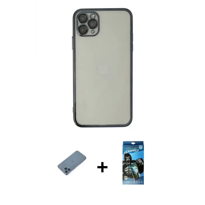 ieg™ iPhone 11 Pro Max Kılıf Vadi Minimal - Siyah 34D Izgaralı Cam + Shine Kamera Lens Koruma Cam - MI