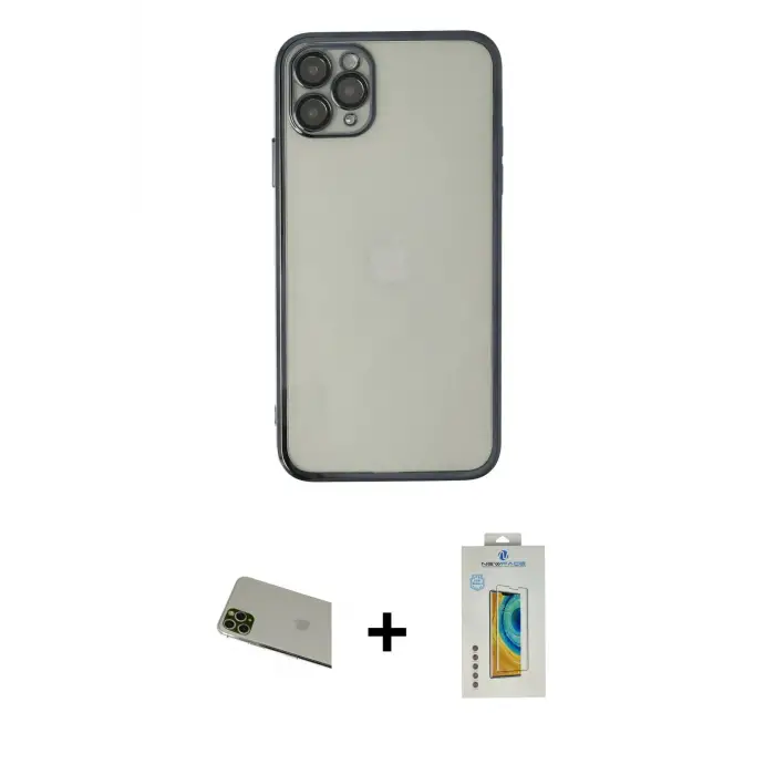 ieg™ iPhone 11 Pro Max Kılıf Vadi Minimal - Siyah Polymer Nano Ekran Koruyucu + Rainbow Kamera Lens Koruma Cam - YL