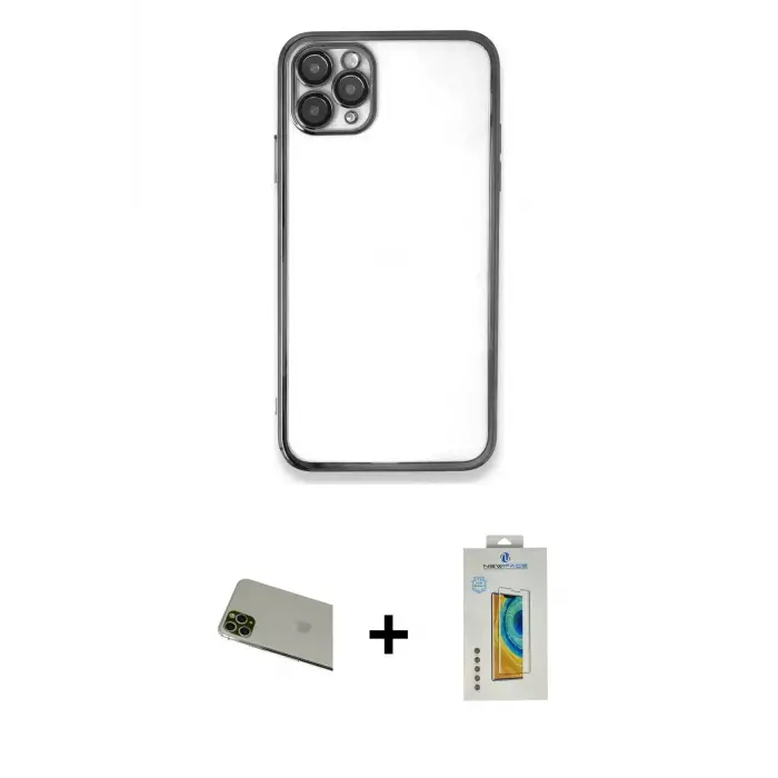 ieg™ iPhone 11 Pro Max Kılıf Vadi Minimal - Siyah Polymer Nano Ekran Koruyucu + Rainbow Kamera Lens Koruma Cam - YL