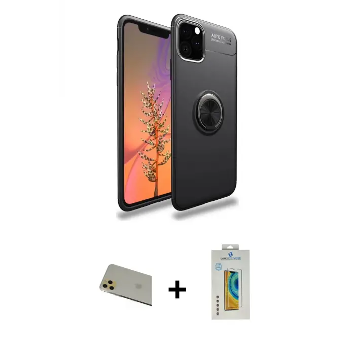 ieg™ iPhone 11 Pro Max Kılıf Yankı Form Prime - Siyah Polymer Nano Ekran Koruyucu + Rainbow Kamera Lens Koruma Cam - GD