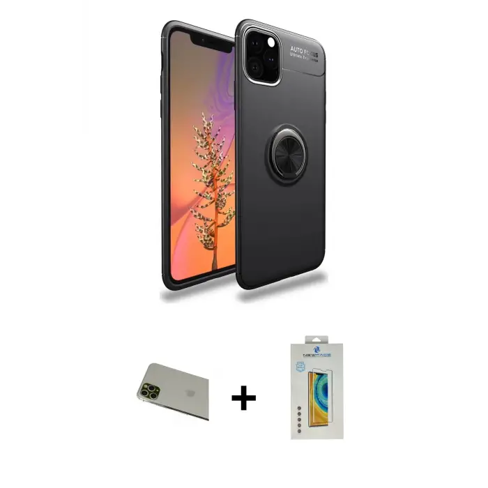 ieg™ iPhone 11 Pro Max Kılıf Yankı Form Prime - Siyah Polymer Nano Ekran Koruyucu + Rainbow Kamera Lens Koruma Cam - YL
