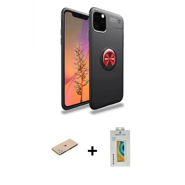 ieg™ iPhone 11 Pro Max Kılıf Yankı Form Prime - Siyah Polymer Nano Ekran Koruyucu + Renkli Kamera Lens Koruma Cam - YL