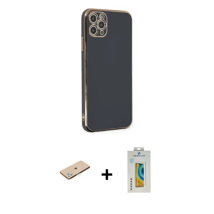 ieg™ iPhone 11 Pro Max Kılıf Yankı Serisi - Siyah Polymer Nano Ekran Koruyucu + Renkli Kamera Lens Koruma Cam - YL
