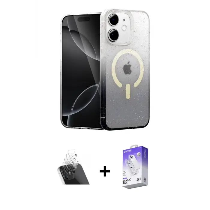 ieg™ iPhone 12 Kılıf Eksen Minimal Özel Seri - Siyah Bilvis 5in1 3D Magic Cam Ekran Koruyucu + Kamera Lens Koruma Cam - SF