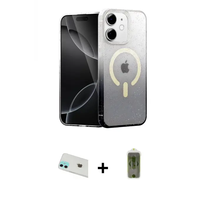 ieg™ iPhone 12 Kılıf Eksen Minimal Özel Seri - Siyah Joko Magic 5D Hayalet Cam + Rainbow Kamera Lens Koruma Cam - YL