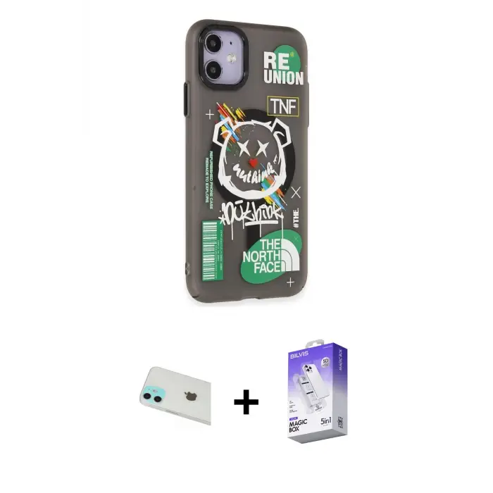 ieg™ iPhone 12 Kılıf Nova Doku Koleksiyonu - Siyah Bilvis 5in1 3D Magic Cam Ekran Koruyucu + Rainbow Kamera Lens Koruma Cam - YL