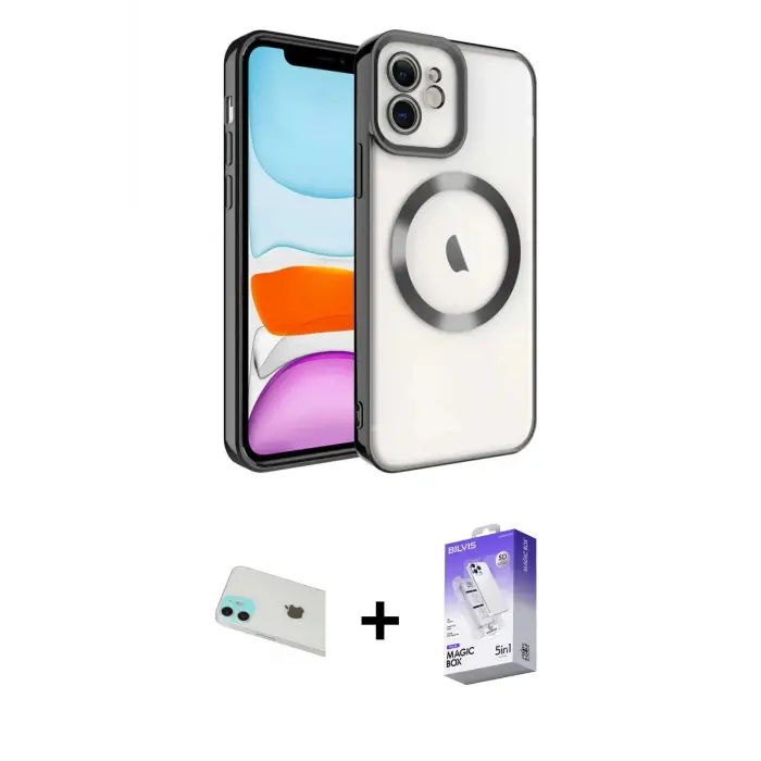 ieg™ iPhone 12 Kılıf Nova Işık Özel Seri - Siyah Bilvis 5in1 3D Magic Cam Ekran Koruyucu + Rainbow Kamera Lens Koruma Cam - YL