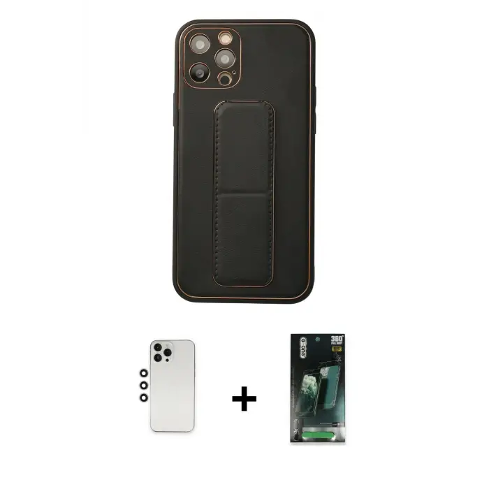 ieg™ iPhone 12 Pro Kılıf Akış Doku - Siyah 360 Mat Full Body Arka Koruyucu + Shine Kamera Lens - GS