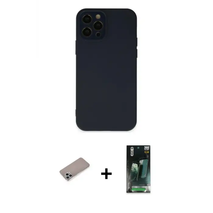 ieg™ iPhone 12 Pro Kılıf Çekirdek Modern Serisi - Siyah 360 Mat Full Body Arka Koruyucu + Shine Kamera Lens Koruma Cam - SABE