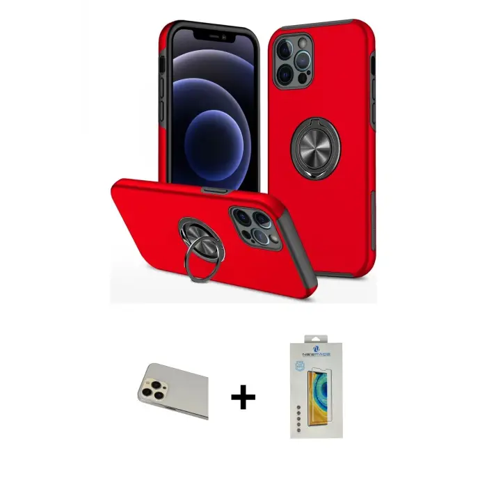 ieg™ iPhone 12 Pro Kılıf Odak Form Prime - Siyah Polymer Nano Ekran Koruyucu + Rainbow Kamera Lens Koruma Cam - GD
