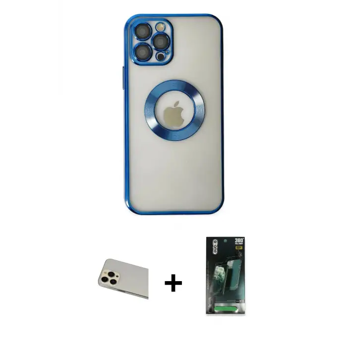 ieg™ iPhone 12 Pro Kılıf Pusula Form - Şeffaf 360 Full Body Arka Koruyucu + Rainbow Kamera Lens Koruma Cam - GD