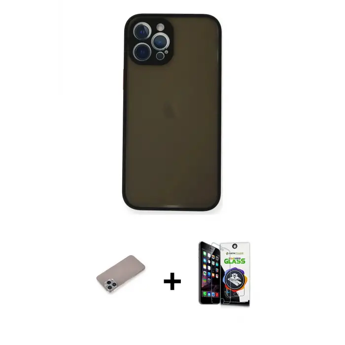 ieg™ iPhone 12 Pro Max Kılıf Ahenk Çizgi Serisi - Şeffaf Temperli Cam Ekran Koruyucu + Shine Kamera Lens Koruma Cam - SABE