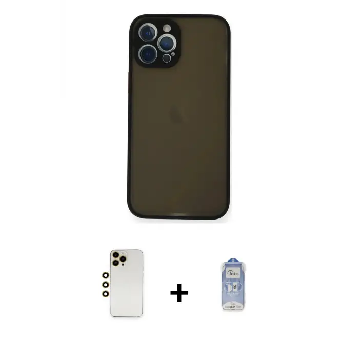 ieg™ iPhone 12 Pro Max Kılıf Ahenk Çizgi Serisi - Siyah Joko Magic 5D Cam + Shine Kamera Lens - GD
