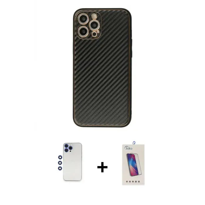 ieg™ iPhone 12 Pro Max Kılıf Ahenk Işık - Siyah Joko 5D Cam + Shine Kamera Lens - LT