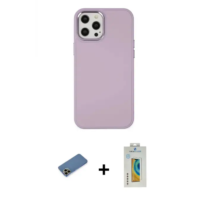 ieg™ iPhone 12 Pro Max Kılıf Çekirdek Çizgi - Siyah Polymer Nano Ekran Koruyucu + Shine Kamera Lens Koruma Cam - GD