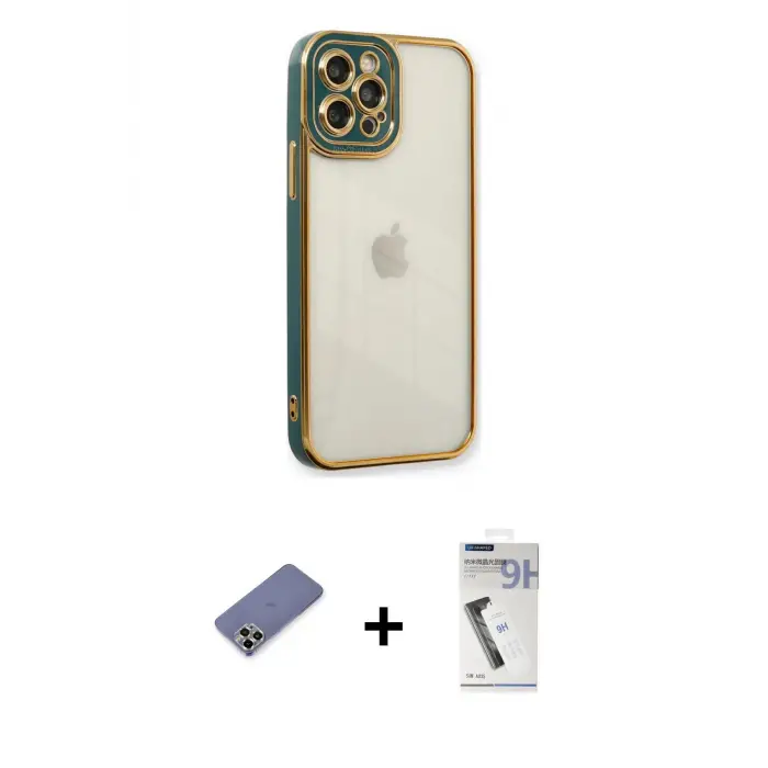 ieg™ iPhone 12 Pro Max Kılıf Çekirdek Klasik Serisi - Şeffaf Uv Polymer Nano Ekran Koruyucu + Metal Kamera Lens Koruma Cam - GD