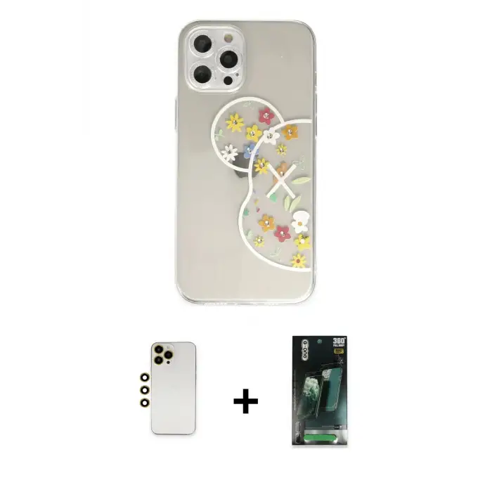 ieg™ iPhone 12 Pro Max Kılıf Eksen Asil Prime - Şeffaf 360 Full Body Arka Koruyucu + Shine Kamera Lens - GD