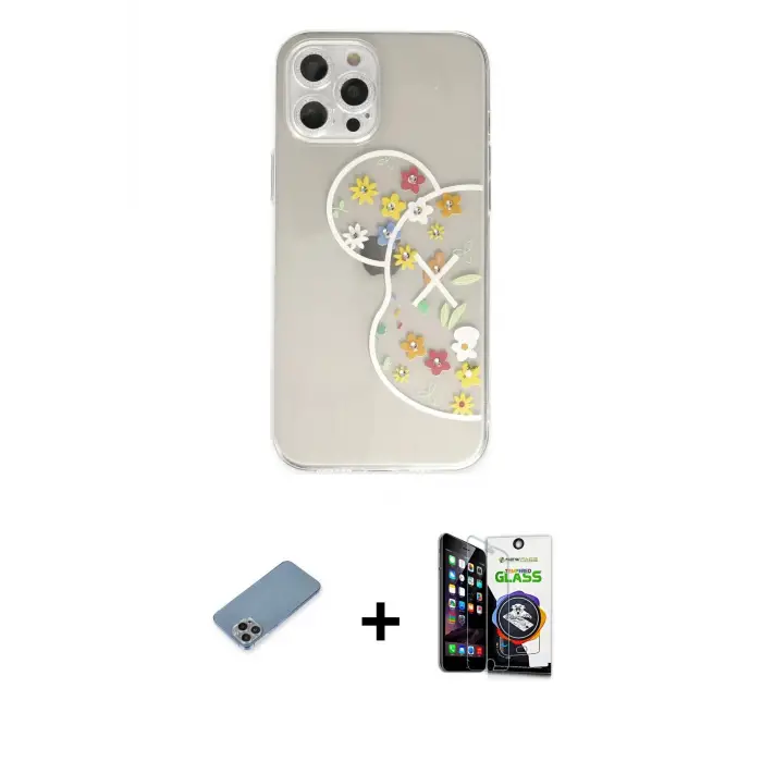 ieg™ iPhone 12 Pro Max Kılıf Eksen Asil Prime - Şeffaf Temperli Cam Ekran Koruyucu + Shine Kamera Lens Koruma Cam - GI