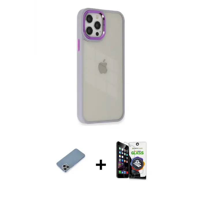 ieg™ iPhone 12 Pro Max Kılıf Eksen Doku Prime - Şeffaf Temperli Cam Ekran Koruyucu + Shine Kamera Lens Koruma Cam - GI