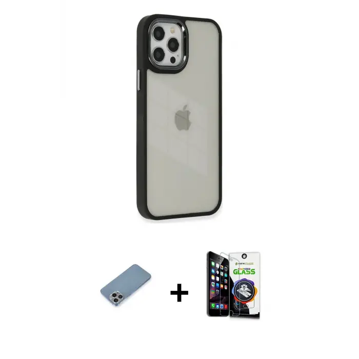 ieg™ iPhone 12 Pro Max Kılıf Eksen Doku Prime - Şeffaf Temperli Cam Ekran Koruyucu + Shine Kamera Lens Koruma Cam - GI
