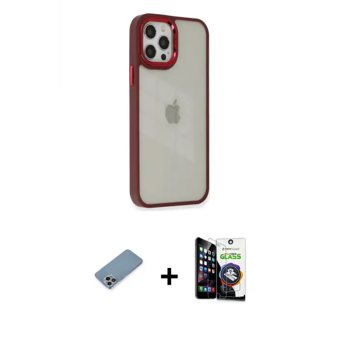 ieg™ iPhone 12 Pro Max Kılıf Eksen Doku Prime - Şeffaf Temperli Cam Ekran Koruyucu + Shine Kamera Lens Koruma Cam - GI