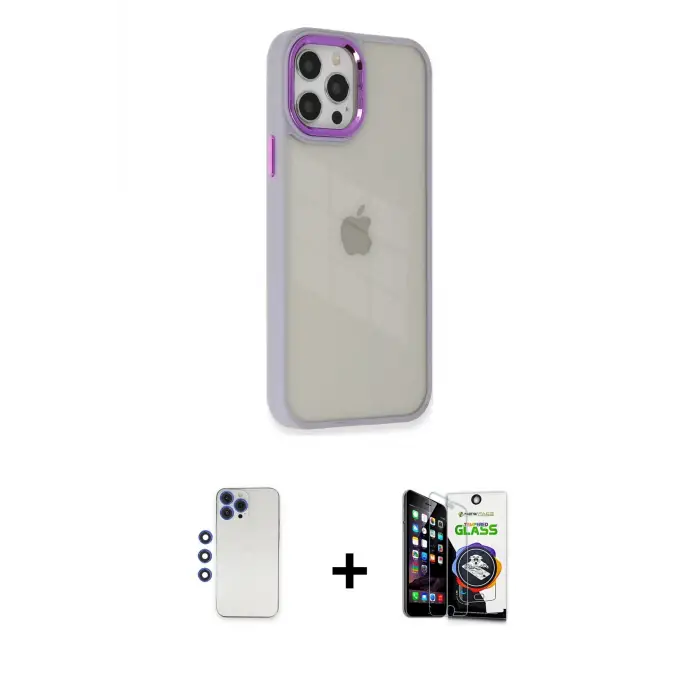 ieg™ iPhone 12 Pro Max Kılıf Eksen Doku Prime - Şeffaf Temperli Cam Ekran Koruyucu + Shine Kamera Lens - LT